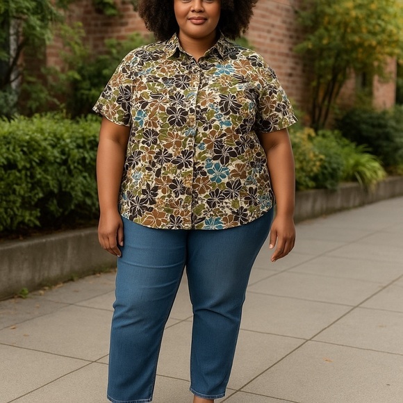 Maggie Barnes Woman’s Size 20W Button Down Printed Crepe Shirt w/ Square Buttons - Picture 1 of 7